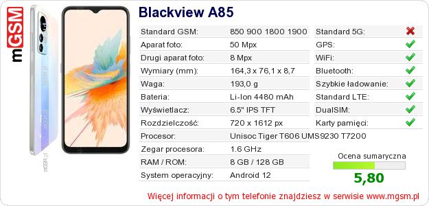 Dane telefonu Blackview A85 Dane telefonu Blackview A85