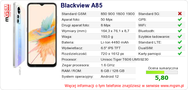 Dane telefonu Blackview A85