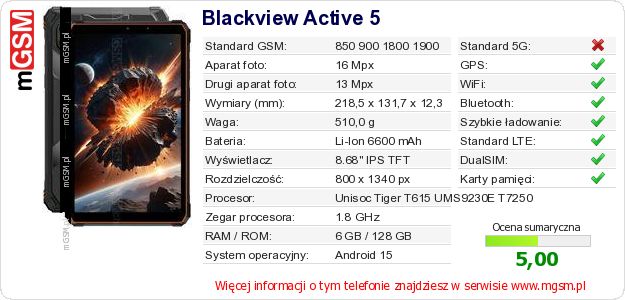 Dane telefonu Blackview Active 5 Dane telefonu Blackview Active 5