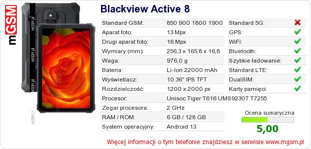 Dane telefonu Blackview Active 8 Dane telefonu Blackview Active 8