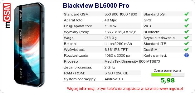 Dane telefonu Blackview BL6000 Pro