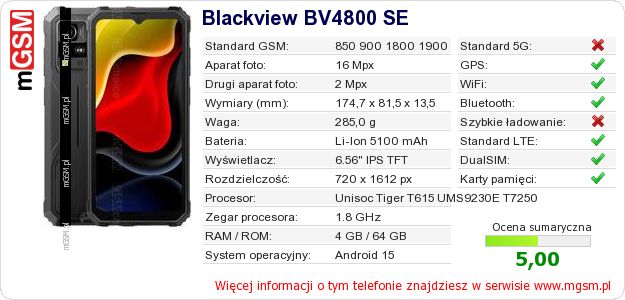 Dane telefonu Blackview BV4800 SE Dane telefonu Blackview BV4800 SE