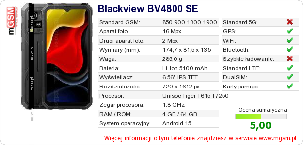 Dane telefonu Blackview BV4800 SE Dane telefonu Blackview BV4800 SE