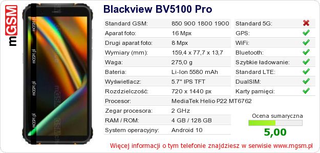 Dane telefonu Blackview BV5100 Pro