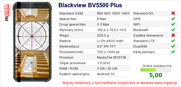 Dane telefonu Blackview BV5500 Plus