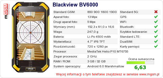 Dane telefonu Blackview BV6000
