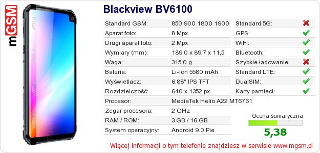 Dane telefonu Blackview BV6100
