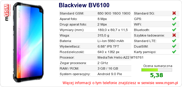 Dane telefonu Blackview BV6100