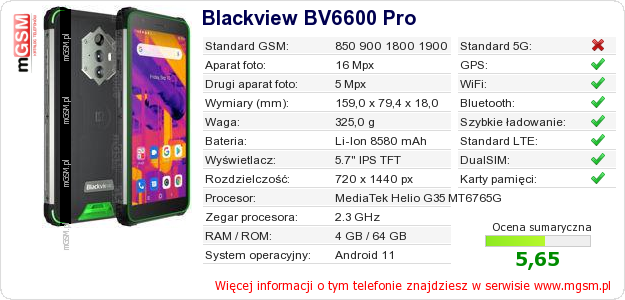 Dane telefonu Blackview BV6600 Pro