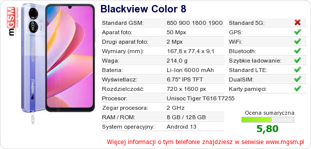Dane telefonu Blackview Color 8 Dane telefonu Blackview Color 8