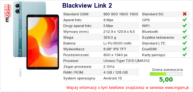 Dane telefonu Blackview Link 2 Dane telefonu Blackview Link 2
