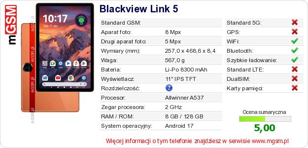 Dane telefonu Blackview Link 5 Dane telefonu Blackview Link 5