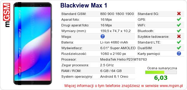 Dane telefonu Blackview Max 1