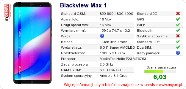 Dane telefonu Blackview Max 1 Dane telefonu Blackview Max 1