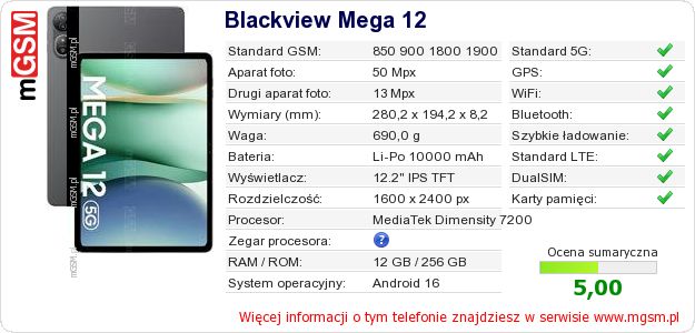 Dane telefonu Blackview Mega 12