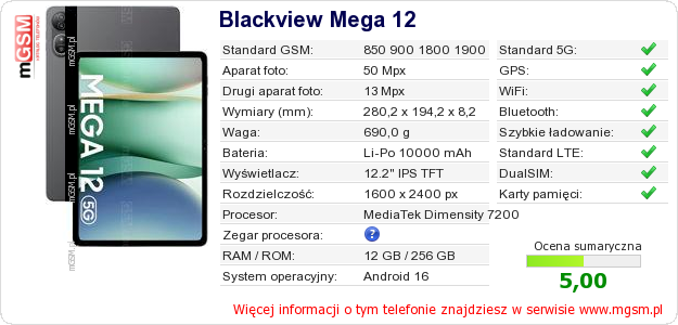 Dane telefonu Blackview Mega 12
