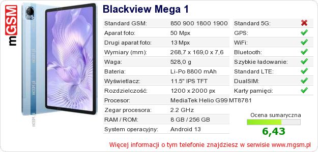 Dane telefonu Blackview Mega 1