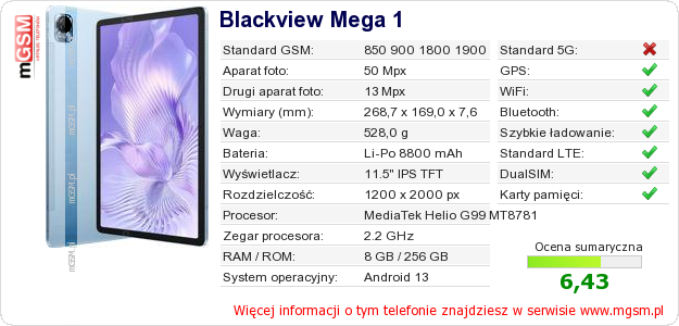 Dane telefonu Blackview Mega 1