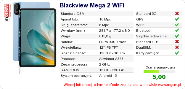 Dane telefonu Blackview Mega 2 WiFi Dane telefonu Blackview Mega 2 WiFi