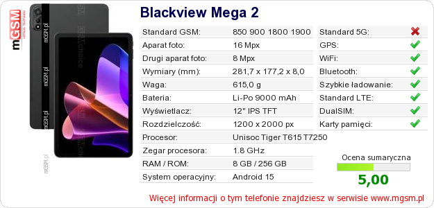 Dane telefonu Blackview Mega 2 Dane telefonu Blackview Mega 2