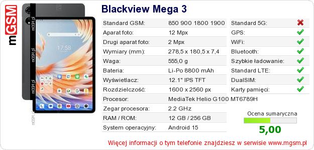 Dane telefonu Blackview Mega 3
