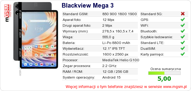 Dane telefonu Blackview Mega 3