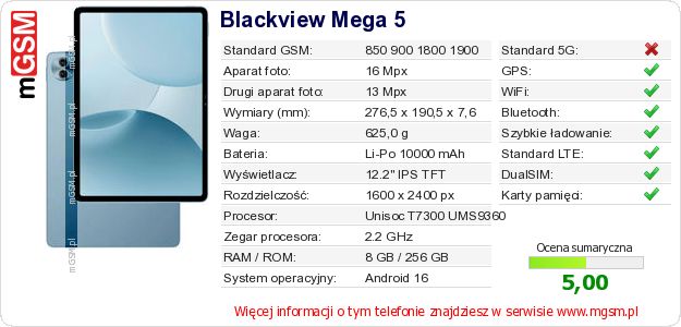 Dane telefonu Blackview Mega 5 Dane telefonu Blackview Mega 5
