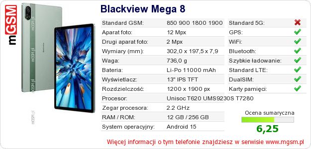 Dane telefonu Blackview Mega 8