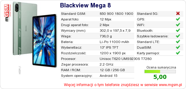 Dane telefonu Blackview Mega 8 Dane telefonu Blackview Mega 8