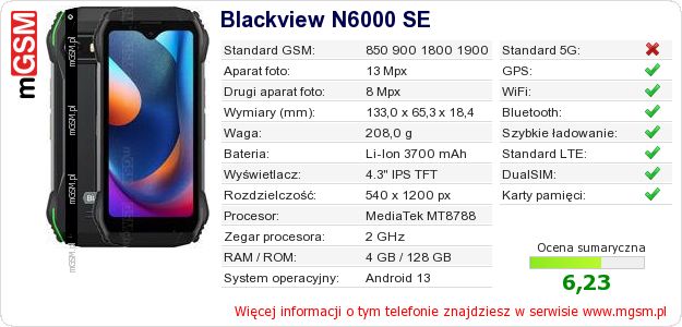 Dane telefonu Blackview N6000 SE Dane telefonu Blackview N6000 SE