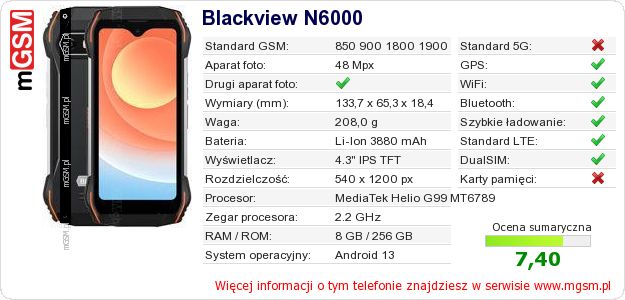 Dane telefonu Blackview N6000 Dane telefonu Blackview N6000