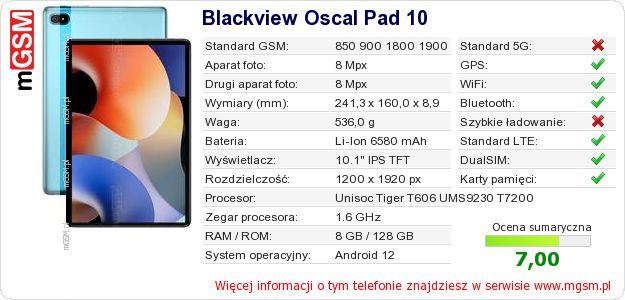 Dane telefonu Blackview Oscal Pad 10 Dane telefonu Blackview Oscal Pad 10