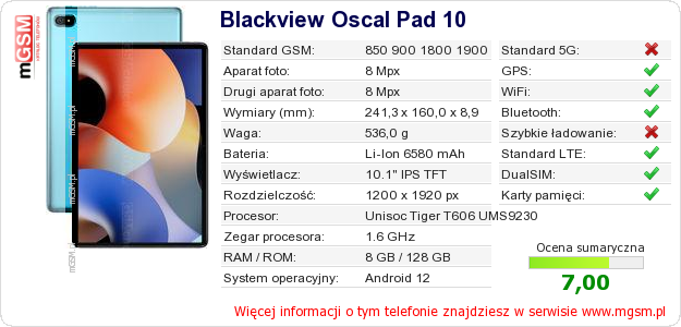 Dane telefonu Blackview Oscal Pad 10