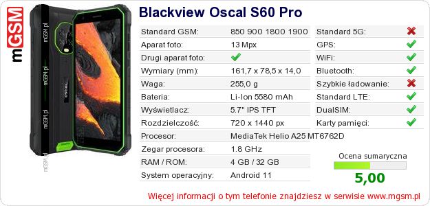 Dane telefonu Blackview Oscal S60 Pro Dane telefonu Blackview Oscal S60 Pro