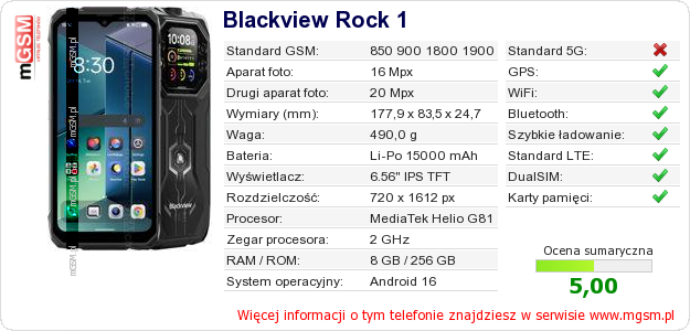 Dane telefonu Blackview Rock 1 Dane telefonu Blackview Rock 1