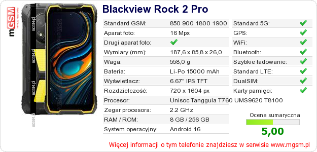 Dane telefonu Blackview Rock 2 Pro