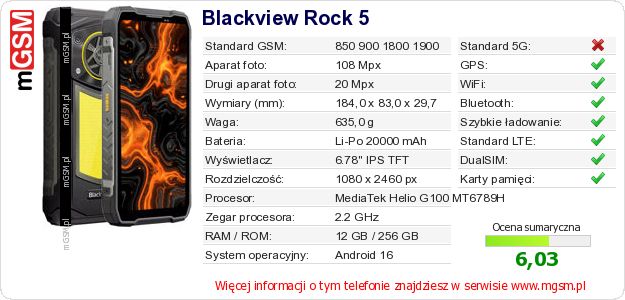 Dane telefonu Blackview Rock 5 Dane telefonu Blackview Rock 5