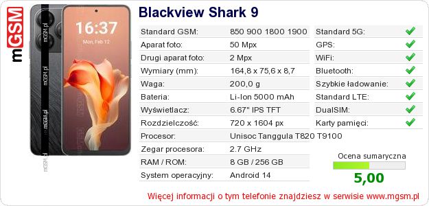Dane telefonu Blackview Shark 9 Dane telefonu Blackview Shark 9
