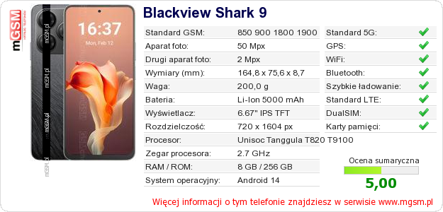 Dane telefonu Blackview Shark 9