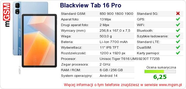 Dane telefonu Blackview Tab 16 Pro Dane telefonu Blackview Tab 16 Pro