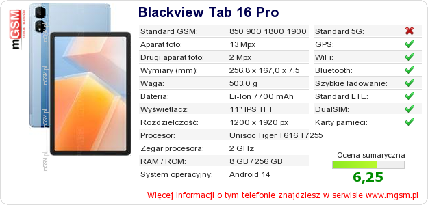 Dane telefonu Blackview Tab 16 Pro