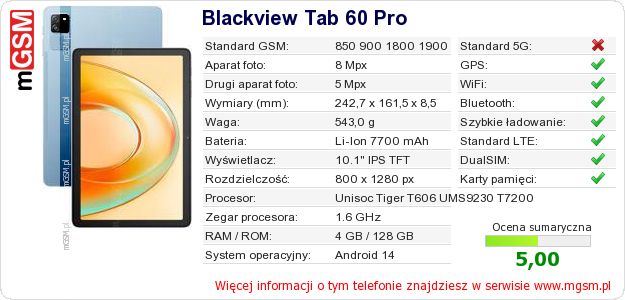 Dane telefonu Blackview Tab 60 Pro Dane telefonu Blackview Tab 60 Pro
