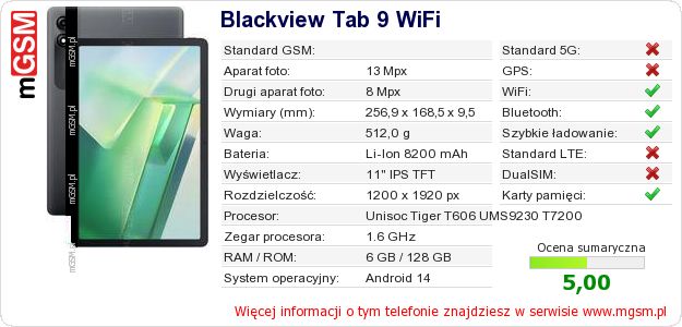 Dane telefonu Blackview Tab 9 WiFi Dane telefonu Blackview Tab 9 WiFi