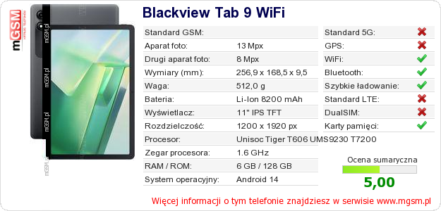 Dane telefonu Blackview Tab 9 WiFi