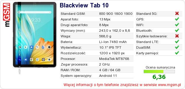 Dane telefonu Blackview Tab 10 Dane telefonu Blackview Tab 10