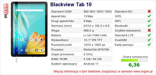 Dane telefonu Blackview Tab 10 Dane telefonu Blackview Tab 10