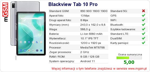 Dane telefonu Blackview Tab 10 Pro Dane telefonu Blackview Tab 10 Pro