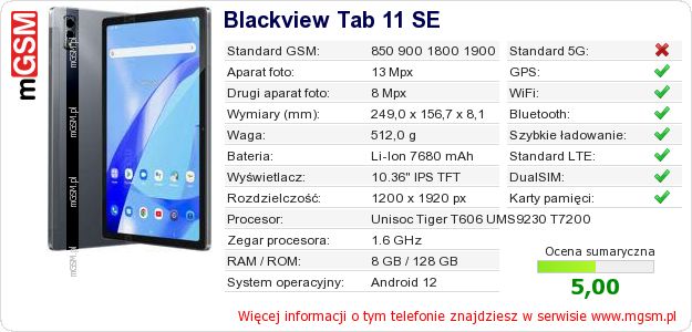 Dane telefonu Blackview Tab 11 SE Dane telefonu Blackview Tab 11 SE