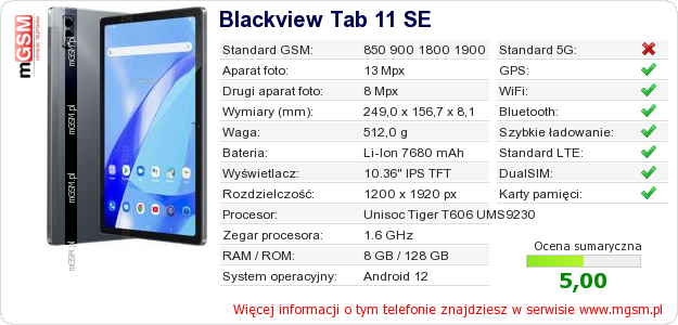 Dane telefonu Blackview Tab 11 SE