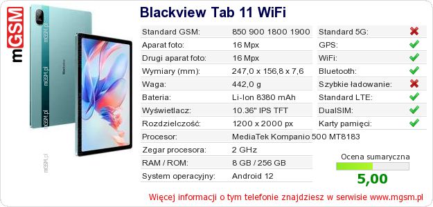 Dane telefonu Blackview Tab 11 WiFi